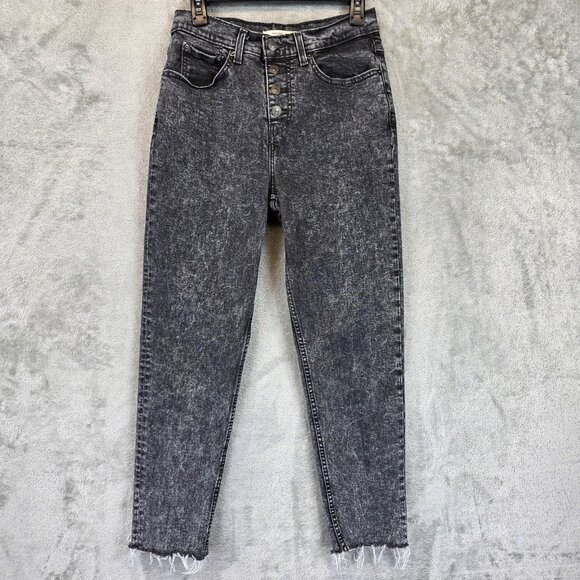 Levi's Mom Jeans Womens 27 Black Gray Acid Wash High Rise Button Fly Frayed Hem - Picture 1 of 11
